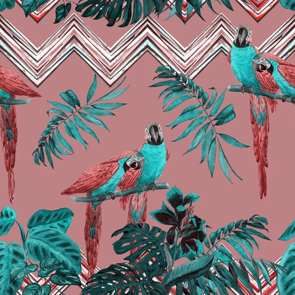 Akvarel Bezešvný Vzor Papoušky Macaw Tropickými Listy Jasný Letní Tisk — Stock fotografie