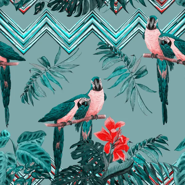 Watercolor Seamless Pattern Macaw Parrots Tropical Leaves Bright Summer Print — Stock Photo, Image