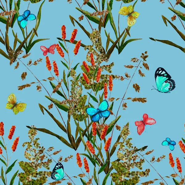 Akvarell Zökkenőmentes Minta Rét Gyógynövények Színes Pillangók Nyári Természetes Ujjlenyomat — Stock Fotó