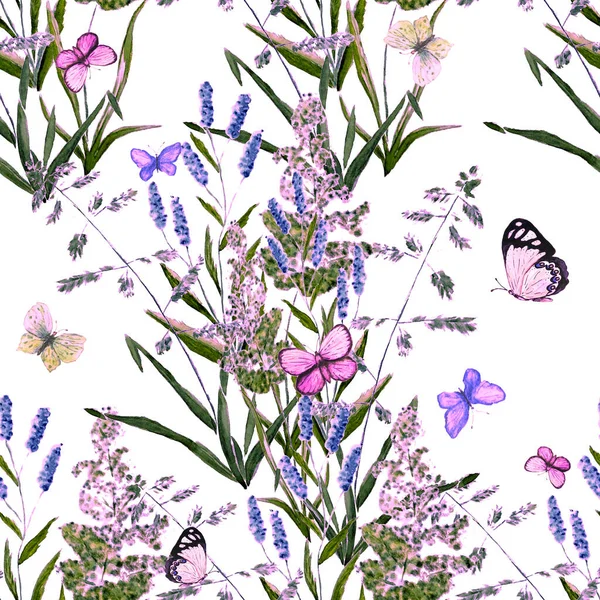 Aquarelle Motif Sans Couture Avec Des Herbes Prairie Des Papillons — Photo