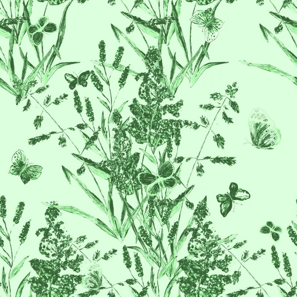 牧草地ハーブやカラフルな蝶と水彩シームレスパターン 夏の自然印刷 表面設計 手描き — ストック写真