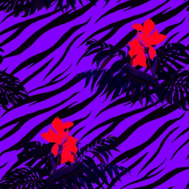 Suluboya kusursuz desenli konserve çiçekleri, soyut hayvan arka planında tropik yapraklar. Güzel Moda dokusu. 