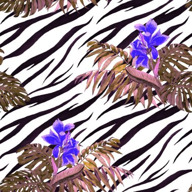 Suluboya kusursuz desenli konserve çiçekleri, soyut hayvan arka planında tropik yapraklar. Güzel Moda dokusu. 