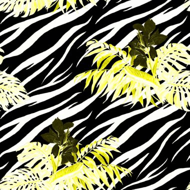 Suluboya kusursuz desenli konserve çiçekleri, soyut hayvan arka planında tropik yapraklar. Güzel Moda dokusu. 