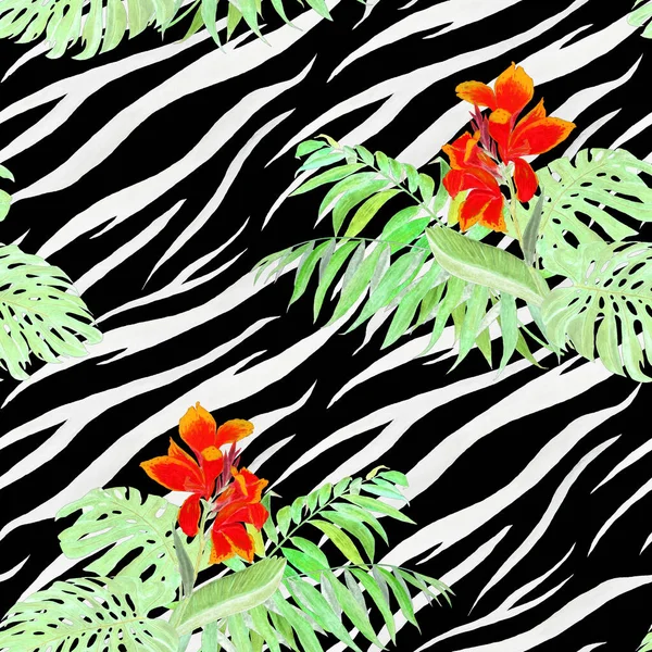 Aquarell Nahtloses Muster Mit Canna Blüten Tropischen Blättern Auf Abstraktem — Stockfoto