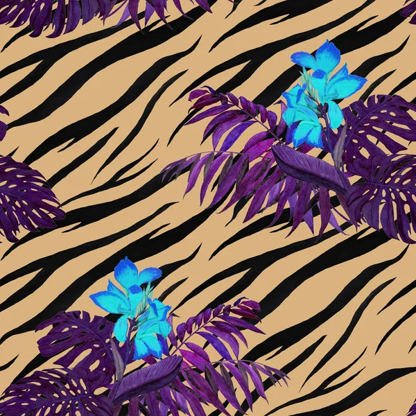 カンナの花と水彩のシームレスなパターン 抽象的な動物の背景に熱帯の葉 美しいファッションテクスチャ — ストック写真