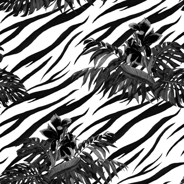 Akvarel Bezešvný Vzor Canna Květy Tropické Listy Abstraktním Zvířecím Pozadí — Stock fotografie