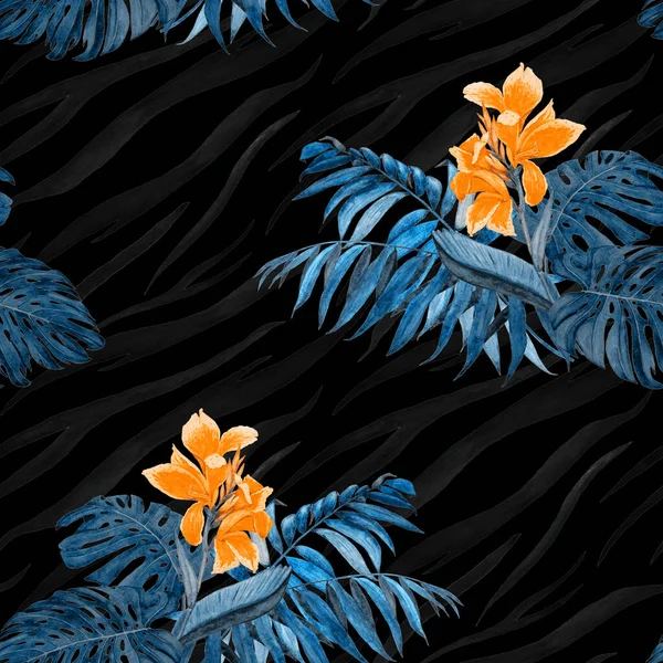 Υδατογραφία Αδιάλειπτη Μοτίβο Canna Λουλούδια Τροπικά Φύλλα Αφηρημένη Ζωικό Υπόβαθρο — Φωτογραφία Αρχείου