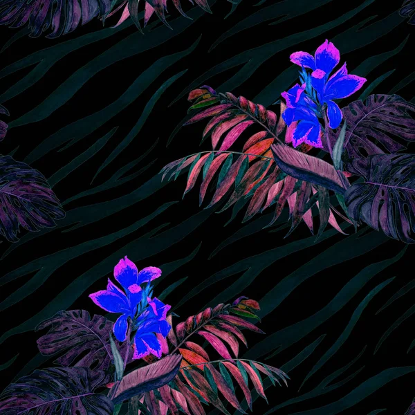 Akvarel Bezešvný Vzor Canna Květy Tropické Listy Abstraktním Zvířecím Pozadí — Stock fotografie