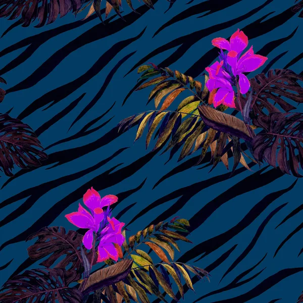 カンナの花と水彩のシームレスなパターン 抽象的な動物の背景に熱帯の葉 美しいファッションテクスチャ — ストック写真