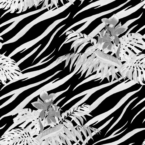 Акварельний Безшовний Візерунок Квітами Канни Тропічними Листям Абстрактному Тлі Тварин — стокове фото