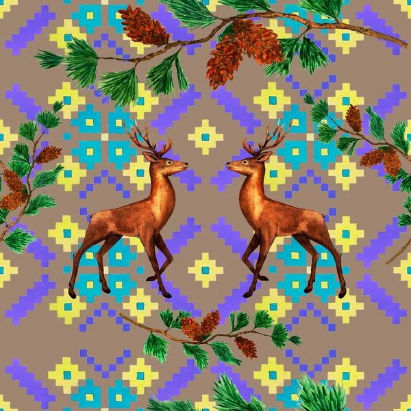 Watercolor Festive Pattern Noble Deers Pine Branches Ornament Background Beautiful — Stock Photo, Image