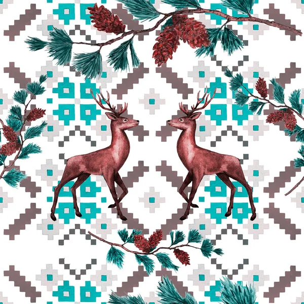 Aquarel Feestelijk Patroon Met Edele Herten Dennen Takken Ornament Achtergrond — Stockfoto