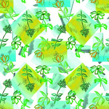 Çiçeksiz desenli, suluboya soyut şekilli, geometrik arkaplanda çiçekler. Romantik kumaş deseni.