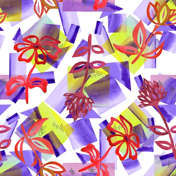Florales Nahtloses Muster Mit Aquarell Abstrakten Konturblumen Auf Geometrischem Hintergrund — Stockfoto