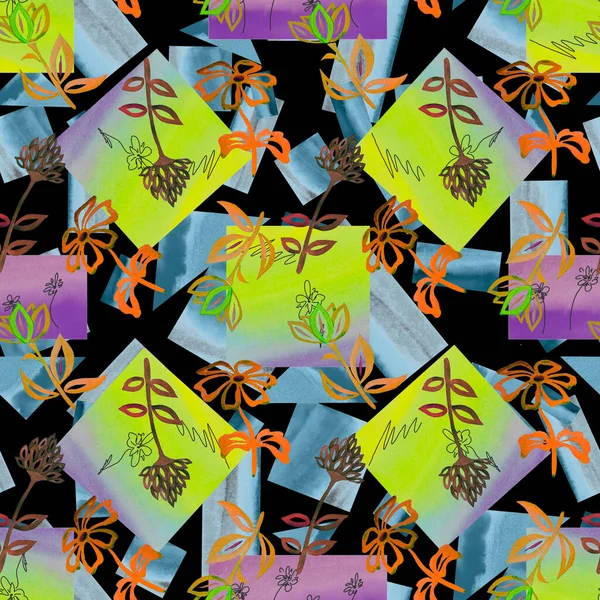 Цветочный Бесшовный Узор Акварелью Абстрактных Цветов Контура Геометрическом Фоне Романтическая — стоковое фото