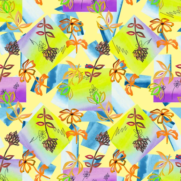 Kwiatowy Bezszwowy Wzór Akwarelowymi Abstrakcyjnymi Kwiatami Konturu Geometrycznym Tle Romantyczny — Zdjęcie stockowe