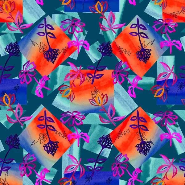 Virágos Zökkenőmentes Minta Akvarell Absztrakt Kontúr Virágok Geometriai Háttérrel Romantikus — Stock Fotó