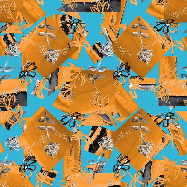 Цветочный Бесшовный Узор Акварелью Абстрактных Цветов Контура Геометрическом Фоне Романтическая — стоковое фото