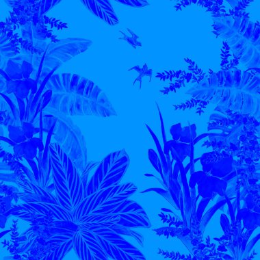 Hawaii çiçekli, dikişsiz, suluboya tropik bahçeli tek renkli desen. Egzotik çiçekler, yapraklar ve kuşlar. Tropik yaz baskısı.