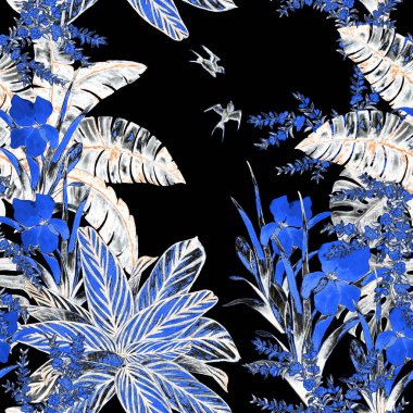 Hawaii çiçekli, suluboya tropikal bahçeli, dikişsiz desen. Egzotik yapraklar, çiçekler ve siyah üzerine kuşlar. Tropik yaz baskısı.