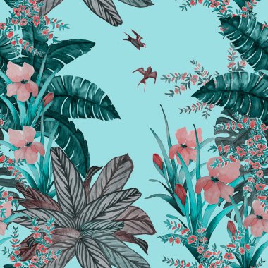 Hawaii çiçekli, suluboya tropikal bahçeli, dikişsiz desen. Egzotik çiçekler, yapraklar ve kuşlar. Tropik yaz baskısı.
