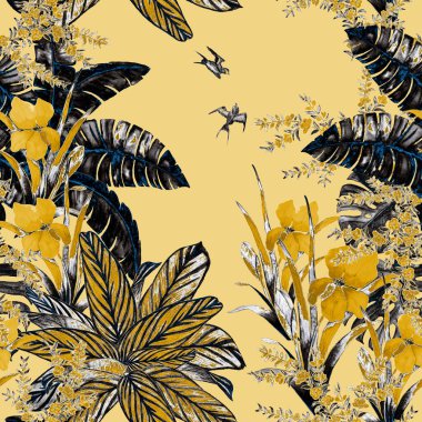 Hawaii çiçekleri, suluboya tropikal bahçeli altın desenli. Egzotik çiçekler, yapraklar ve kuşlar. Tropik yaz baskısı.