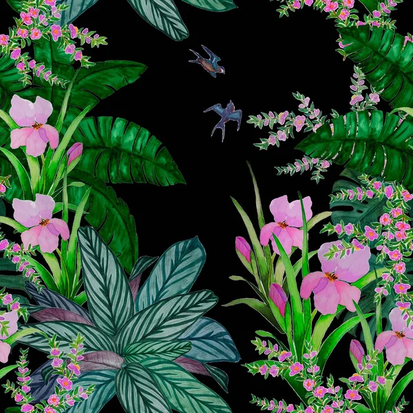Hawajski Kwiatowy Bezszwowy Wzór Akwarelowym Tropikalnym Ogrodem Egzotyczne Kwiaty Liście — Zdjęcie stockowe