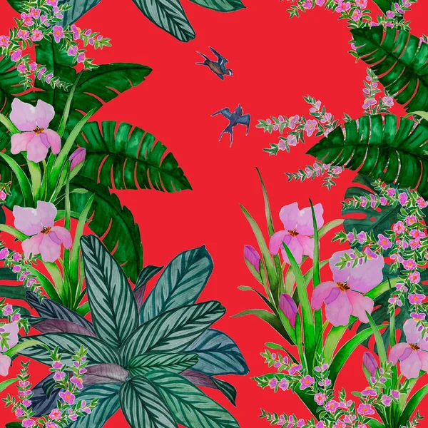 夏威夷植物无缝图案 水彩斑斓的热带花园 异国情调的花 叶和鸟 热带夏季印刷品 — 图库照片