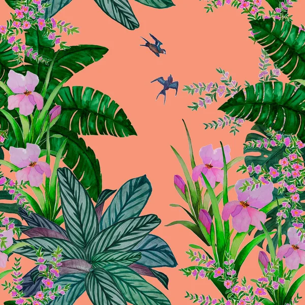 Χαβάης Floral Αδιάλειπτη Μοτίβο Υδατογραφία Τροπικό Κήπο Εξωτικά Λουλούδια Φύλλα — Φωτογραφία Αρχείου