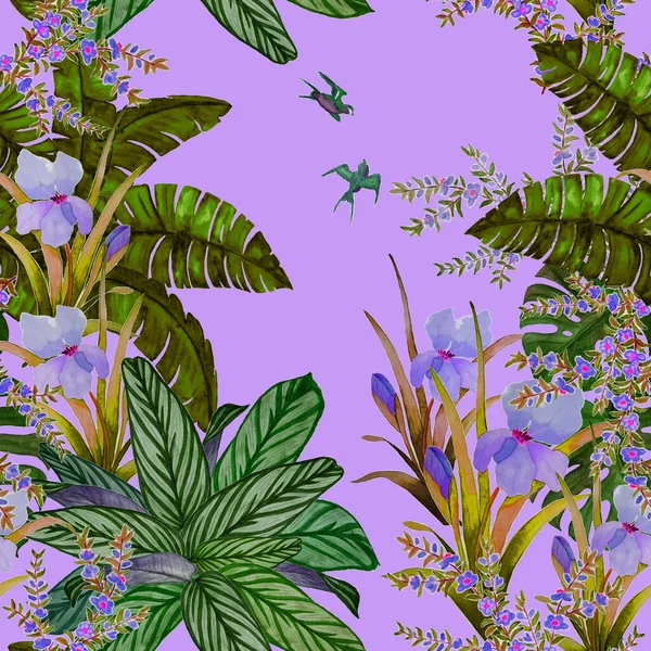 Hawaiian Floral Seamless Pattern Watercolor Tropical Garden Exotic Flowers Leaves — Stock Photo, Image