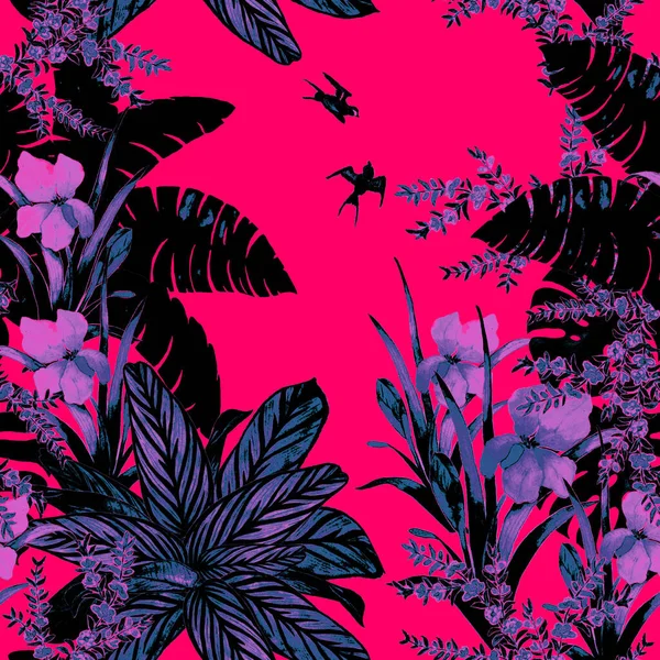 水彩トロピカルガーデンとハワイの花のシームレスなパターン エキゾチックな花 葉や鳥 熱帯夏 Print — ストック写真