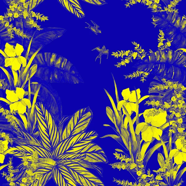 Motif Floral Hawaïen Sans Couture Avec Jardin Tropical Aquarelle Fleurs — Photo