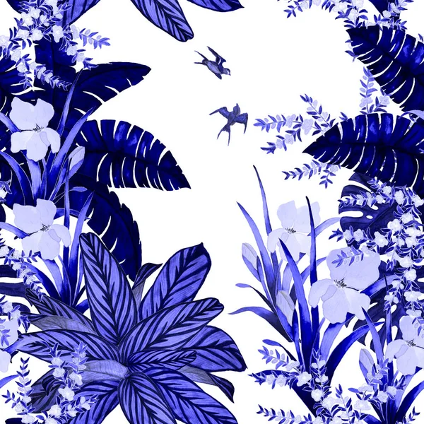 Hawaiian Floral Seamless Monochrome Pattern Watercolor Tropical Garden Exotic Flowers — Stock Photo, Image