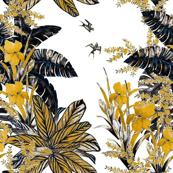 Гавайский Цветочный Бесшовный Золотой Узор Акварелью Тропического Сада Экзотические Цветы — стоковое фото