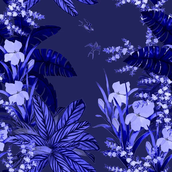Hawaiian Floral Seamless Monochrome Pattern Watercolor Tropical Garden Exotic Flowers — Stock Photo, Image