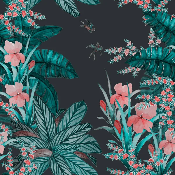水彩トロピカルガーデンとハワイの花のシームレスなパターン エキゾチックな花 葉や鳥 熱帯夏 Print — ストック写真