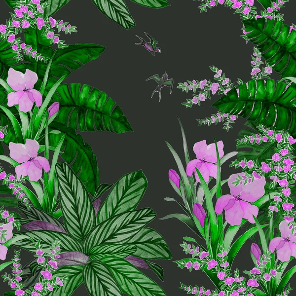 Hawaiian Blommigt Sömlöst Mönster Med Akvarell Tropisk Trädgård Exotiska Blommor — Stockfoto