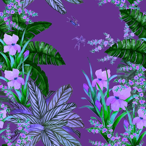 Hawaiian Floral Seamless Pattern Watercolor Tropical Garden Exotic Flowers Leaves — Stock Photo, Image