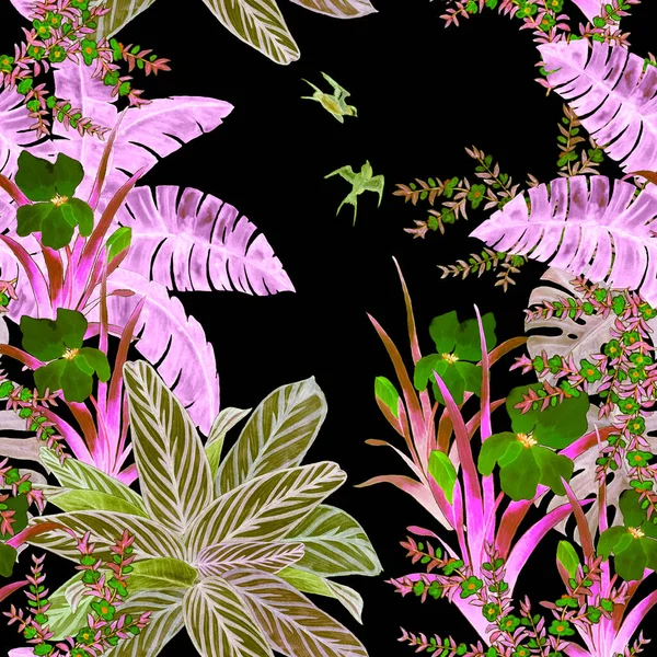 夏威夷植物无缝图案 水彩斑斓的热带花园 异国情调的树叶 花朵和黑色的鸟儿 热带夏季印刷品 — 图库照片