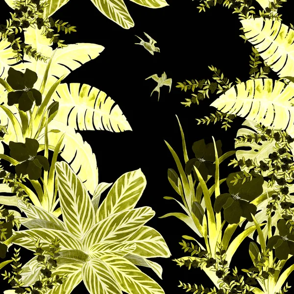 Гавайский Цветочный Бесшовный Узор Акварелью Тропического Сада Экзотические Листья Цветы — стоковое фото
