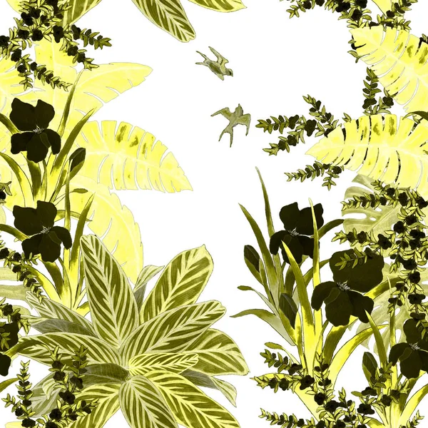 Padrão Monocromático Sem Costura Floral Havaiano Com Jardim Tropical Aquarela — Fotografia de Stock