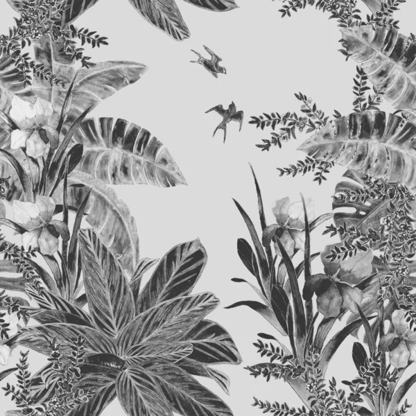 Patrón Monocromo Sin Costuras Floral Hawaiano Con Jardín Tropical Acuarela — Foto de Stock