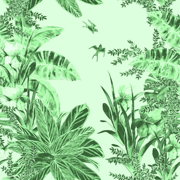 Hawaiiaanse Bloemen Naadloze Monochrome Patroon Met Aquarel Tropische Tuin Exotische — Stockfoto