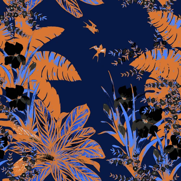 Гавайський Квітковий Візерунок Акварельним Тропічним Садом Екзотичні Квіти Листя Птахи — стокове фото