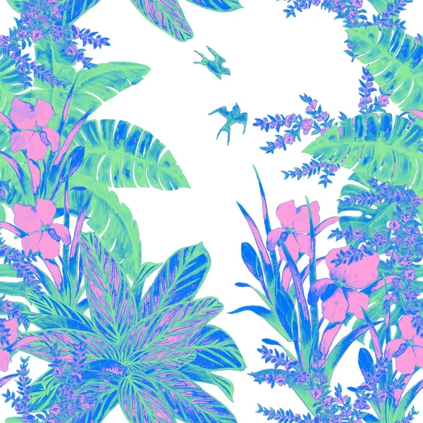 Гавайський Квітковий Візерунок Акварельним Тропічним Садом Екзотичні Квіти Листя Птахи — стокове фото
