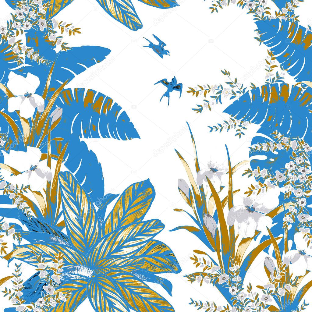 Hawaiian floral seamless pattern with watercolor tropical garden. Exotic flowers, leaves and birds. Tropical summer print.