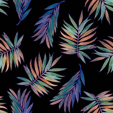 Siyah üzerinde suluboya tropikal yapraklar olan soyut dekoratif, pürüzsüz desen. Avuç içi. Hawaii rengarenk el çizimi çizimi. Yaz tropik baskısı.
