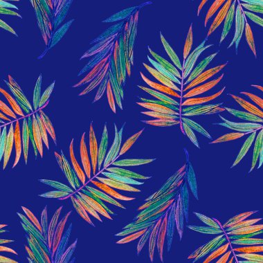 Hawaii dekoratif, dikişsiz, suluboya tropikal yapraklı. Avuç içi. Renkli el çizimi çizimi. Yaz tropik baskısı.