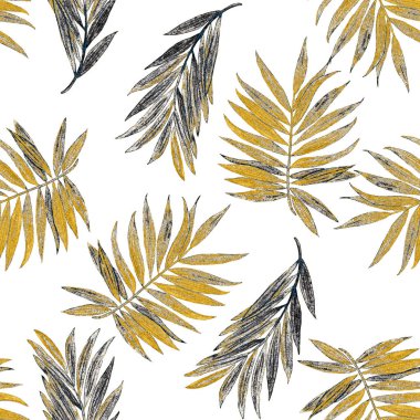 Hawaii dekoratif, dikişsiz, suluboya tropikal yapraklı. Avuç içi. Renkli el çizimi çizimi. Yaz tropik baskısı.